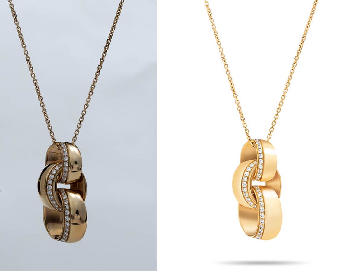 Before and after jewelry photo retouching for gold necklace