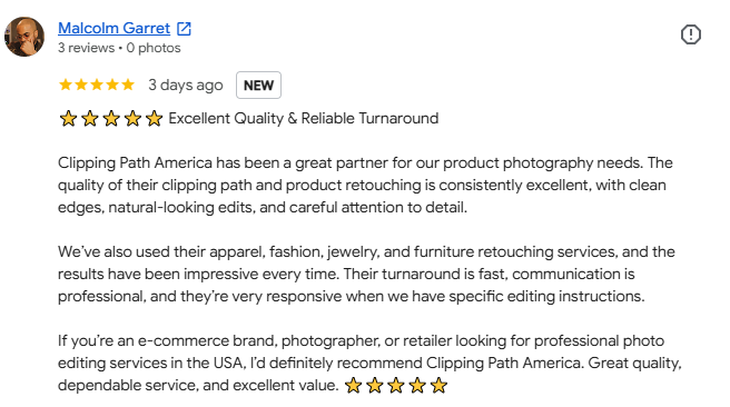 5-star customer review for professional clipping path and photo retouching service