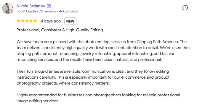 Positive feedback for e-commerce apparel and jewelry retouching services
