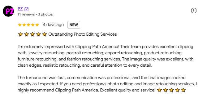 Outstanding client review for background removal and product retouching
